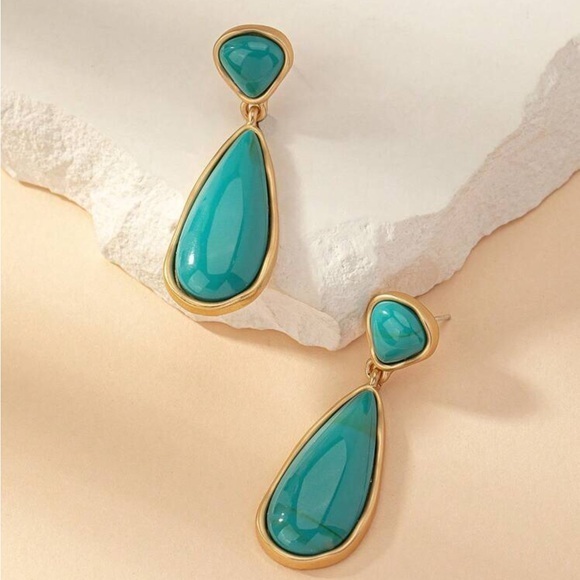 Gold Turquoise Teardrop Shaped Geometric Summer Statement Earrings - Picture 1 of 6